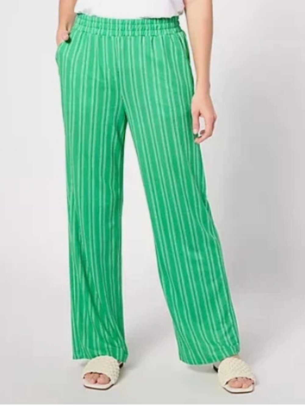 Belle Kim Gravel Cabana Knit Twin Stripe Resort Pants-Green-Petite 2X-A627936